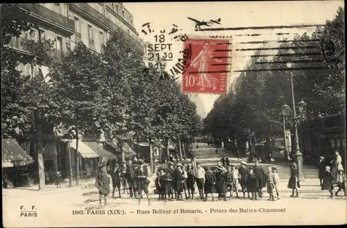 Ak Paris XIX., Rues Bolivar et Botzaris, Prises des Buttes Chaumont, Flugzeug