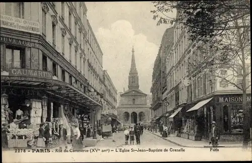 Ak Paris XV., Rue du Commerce, l'Eglise St. Jean Baptiste de Grenelle, Caumartin