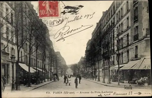 Ak Paris XX., Avenue du Pere Lachaise, Flugzeug