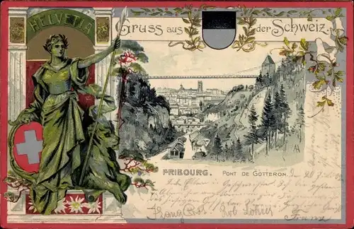Präge Wappen Passepartout Litho Fribourg Freiburg Stadt Schweiz, Pont de Gotteron, Helvetia