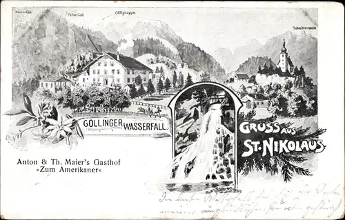 Litho St. Nikolaus Golling an der Salzach in Salzburg, Gollinger Wasserfall, Gasthof zum Amerikaner