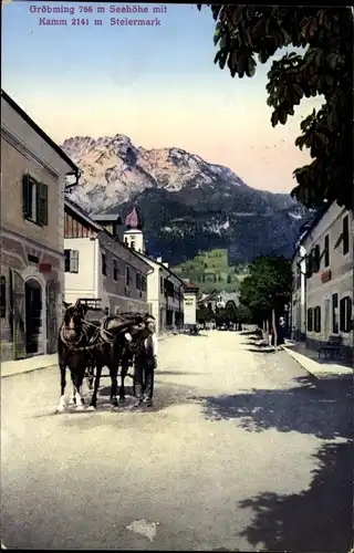 Ak Gröbming Steiermark, Straßenpartie, Fuhrwerk, Kamm