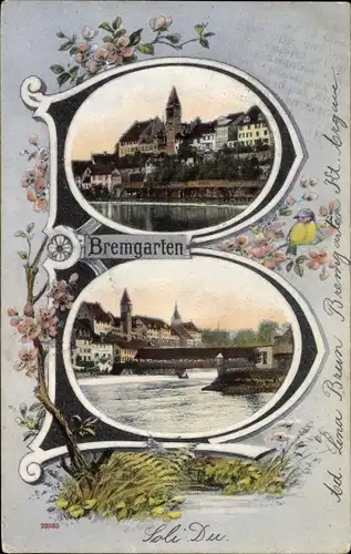 Buchstaben Passepartout Ak Bremgarten Kanton Aargau, Teilansicht, gedeckte Brücke