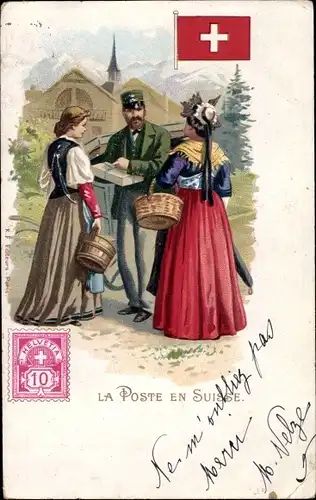 Briefmarken Litho La Poste en Suisse, Postbote, Frauen in Trachten