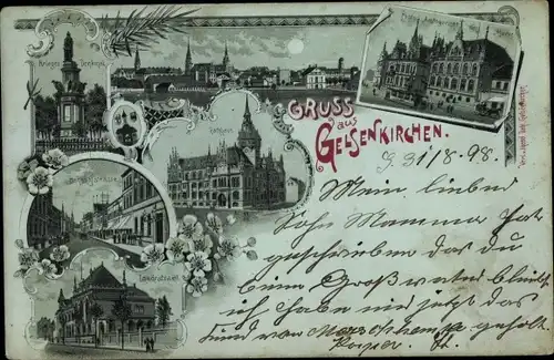 Litho Gelsenkirchen im Ruhrgebiet, Bahnhofstraße, Landratsamt, Rathaus, Post, Amtsgericht, Denkmal