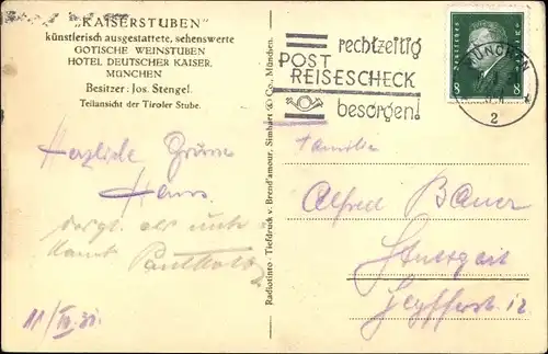 Ak München Bayern, Hotel Deutscher Kaiser, Inh. Josef Stengel, Kaiserstuben, Innenansicht