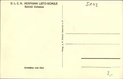 Ak Gebesee in Thüringen, Schloss, DLEH Hermann Lietz Schule, Schlossbau vom Park