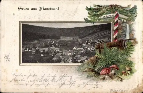 Passepartout Ak Manebach Ilmenau in Thüringen, Panorama vom Ort, Pilze