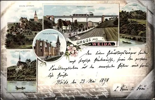 Litho Weida in Thüringen, Panorama, Oschützthal Viaduct, Alpenrose