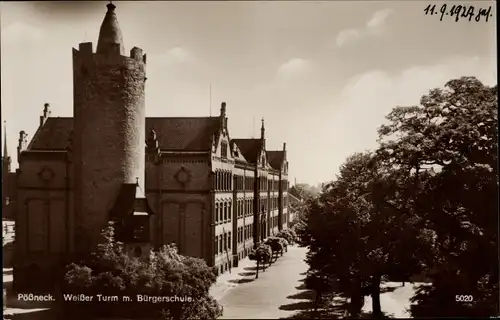 Ak Pößneck in Thüringen, Weißer Turm, Bürgerschule