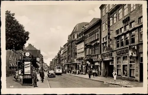 Ak Mühlhausen in Thüringen, Hindenburgstraße, Straßenbahn, Thuringia Haus, Gaststätte, Lichtspiele