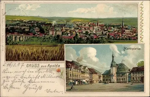 Litho Apolda in Thüringen, Gesamtansicht, Marktplatz