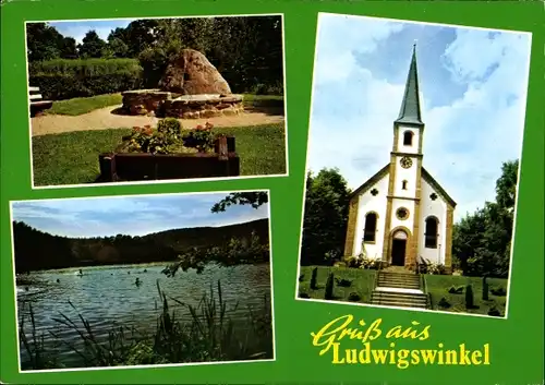 Ak Ludwigswinkel in der Pfalz, Evanng. Kirche, Rösselbrunnen, Entenweiher