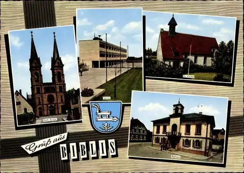 Ak Biblis am Rhein Hessen, Kath. Kirche, Ev. Kirche, Schule, Rathaus