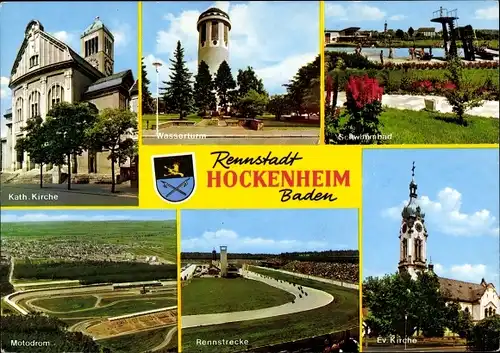 Ak Hockenheim in Baden, Rennstrecke, kath. Kirche, Schwimmbad, Motodrom