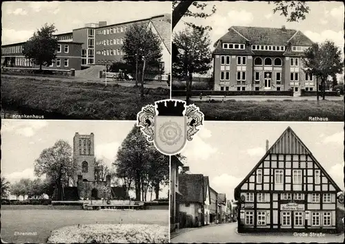 Ak Bramsche in Niedersachsen, Krankenhaus, Rathaus, Große Straße, Ehrenmal