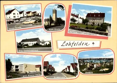 Ak Lohfelden in Hessen, Rathaus, Freibad, Rundstraße, Evg. Gemeindehaus, Katholische Kirche