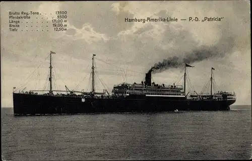 Ak Passagierdampfer Patricia, Hamburg Amerika Linie, Hapag