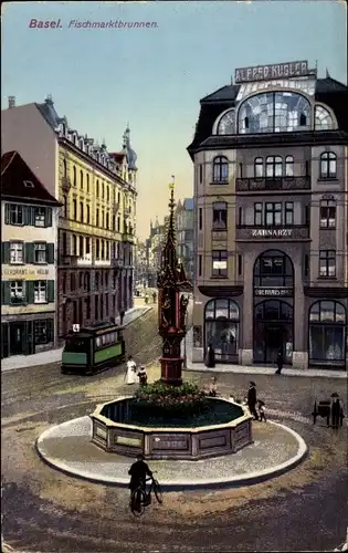 Ak Bâle Basel Stadt Schweiz, Fischmarktbrunnen, Geschäftshaus Alfred Kugler