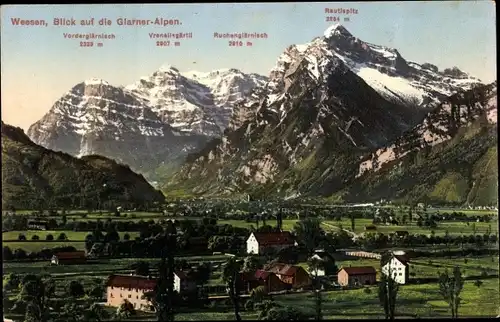Ak Weesen Kanton Sankt Gallen, Blcik auf die Glarner Alpen, Ortsansicht