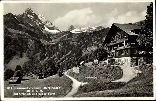 Ak Braunwald Kanton Glarus, Pension Christliches Erholungsheim Bergfrieden, Ortstock, Hoher Turm