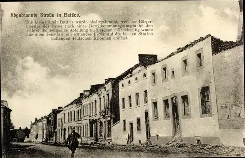 Ak Battice Wallonien Lüttich, Abgebrannte Straße, Kriegszerstörungen, I. WK