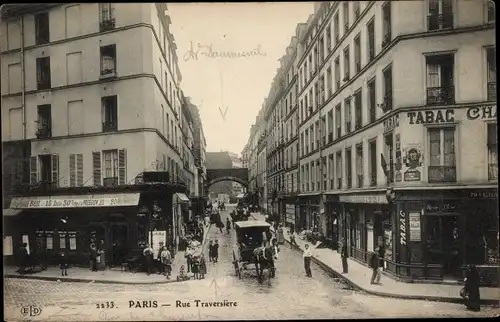 Ak Paris XII, Rue Traversière, Bar Brasserie, Tabac, Pferdekutsche