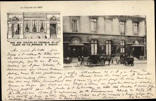 Ak Paris II Bourse, Restauration Champeaux, Place de la Bourse, Kutschen