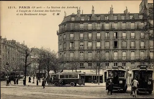 Ak Paris XIII, la Station de l'Autobus, Avenue des Gobelins Boulevard Arago
