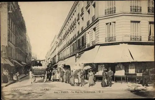 Ak Paris XV, Rue du commerce, Pferdekutsche, Geschäfte