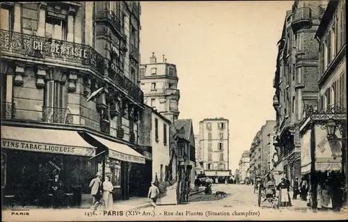 Ak Paris XIV, Rue des Plantes, Situation champêtre, Vins Tabacs Liqueurs, Dentiste