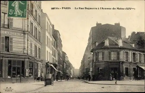 Ak Paris XIV, Rue Daguerre, Avenue de Maine, Restaurant, Boulangerie