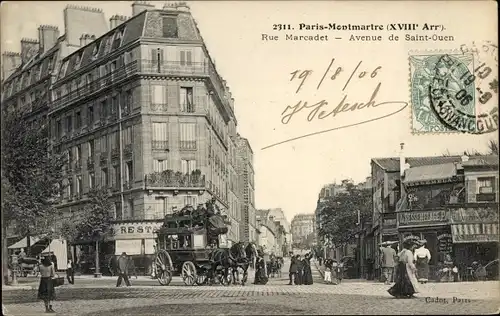 Ak Paris XVIII Montmartre, Rue Marcadet, Rue St Ouen, Pferdeomnibus