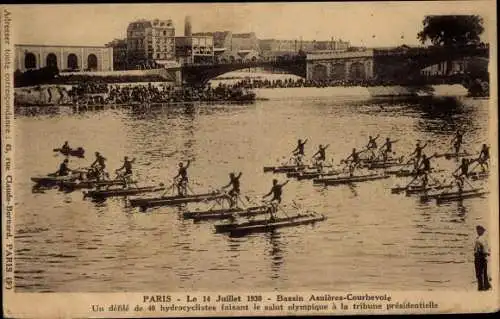 Ak Asnières Courbevoie Hauts-de-Seine, Paris, 14 Juillet 1930, défilé des hydrocyclistes
