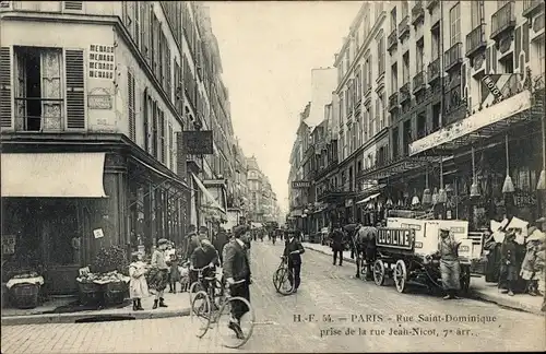 Ak Paris VII, Rue Saint-Dominique, prise de la Rue Jean Nicot, Pferdefuhrwerk Luciline