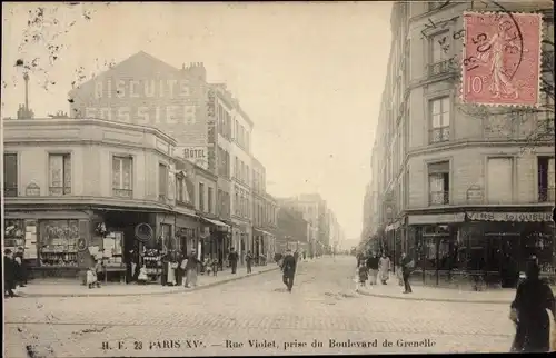 Ak Paris XV, Rue Violet, Boulevard Grenelle, Geschäfte, Bar, Hotel