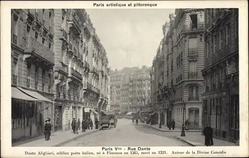 Ak Paris V, Rue Dante, Geschäfte, Passanten, Kutschen