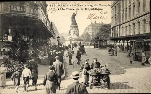 Ak Paris XI, Rue du Faubourg du Temple, Place de la République, Straßenverkäuferin, Bazar, Auslagen