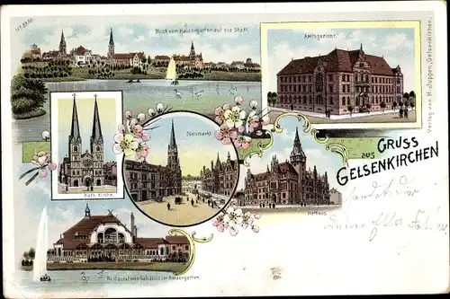 Litho Gelsenkirchen im Ruhrgebiet, Marktplatz, Neumarkt, Rathaus, Amtsgericht, Restauration