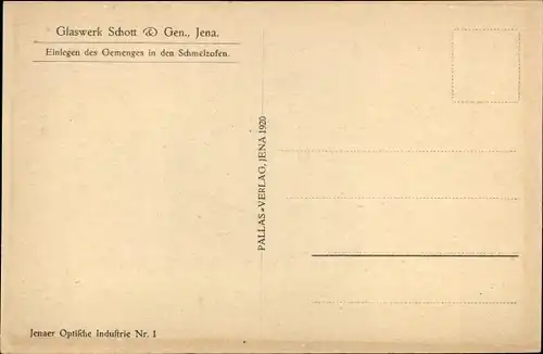 Ak Jena in Thüringen, Glaswerk Schott & Gen., Einlegen des Gemenges in den Schmelzofen