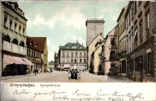 Ak Crimmitschau in Sachsen, Thieme Straße, Turm, Schröder