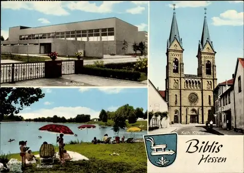 Ak Biblis am Rhein Hessen, Kath. Kirche, Badesee, Riedhalle