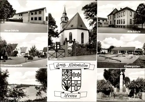 Ak Groß Rohrheim in Hessen,Alte Schule, Kindergarten, Ehrenmal, Allmannspforte, Neue Schule