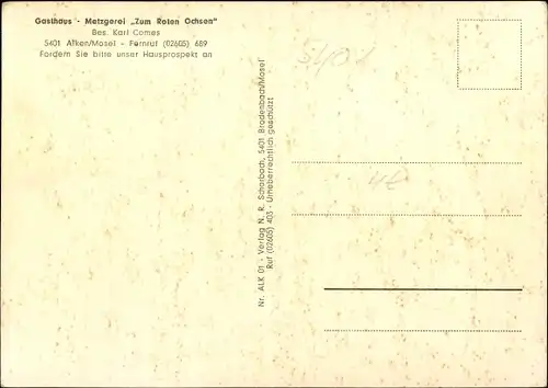 Ak Alken an der Mosel, Gasthaus Metzgerei Zum roten Ochsen, Inh. Karl Comes