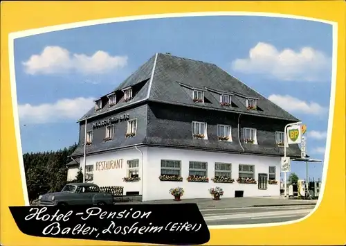 Ak Losheim Hellenthal in der Eifel, Hotel Pension Balter, BP Tankstelle