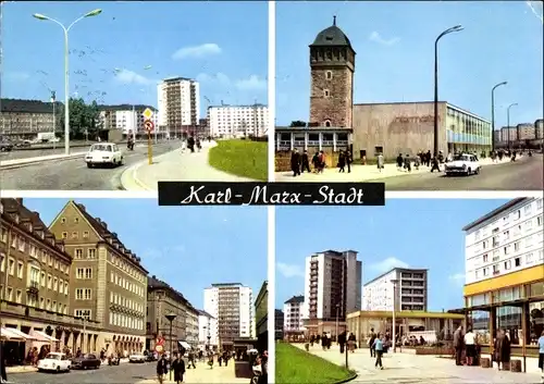 Ak Karl Marx Stadt Chemnitz in Sachsen, Roter Turm, Ernst Thälmann Straße, Straße der Nationen