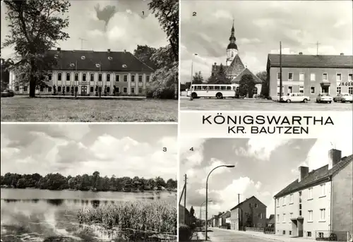 Ak Königswartha in der Oberlausitz, Binnenfischereischule, Kirchplatz, Teich, Hauptstraße