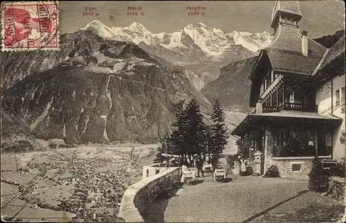 Ak Interlaken Kanton Bern Schweiz, Panorama mit Eiger, Mönch und Jungfrau, Restaurant Harderkulm