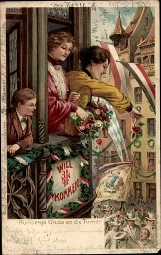 Präge Litho Nürnberg in Mittelfranken, Turner, Frauen, Fenster, X. Deutsches Turnfest 1903