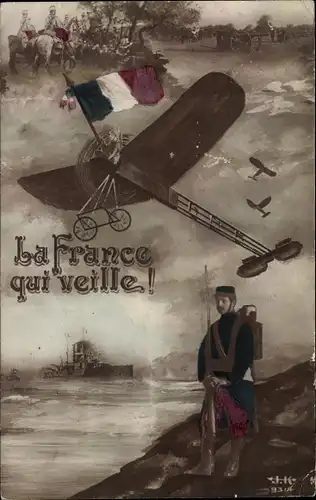 Ak La France qui veille, Militärflugzeug, Französischer Soldat in Uniform, Französische Fahne